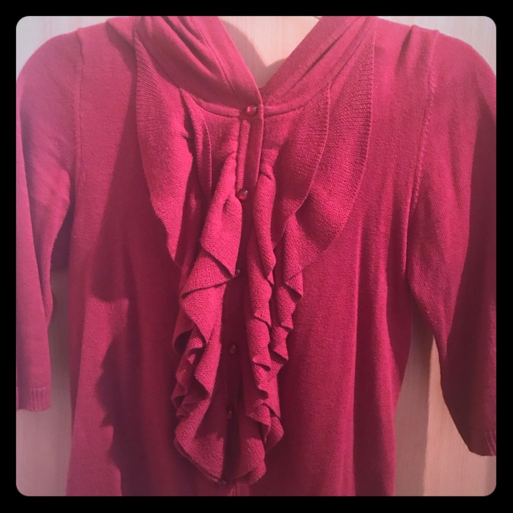 Cranberry sweater with ruffles and hood